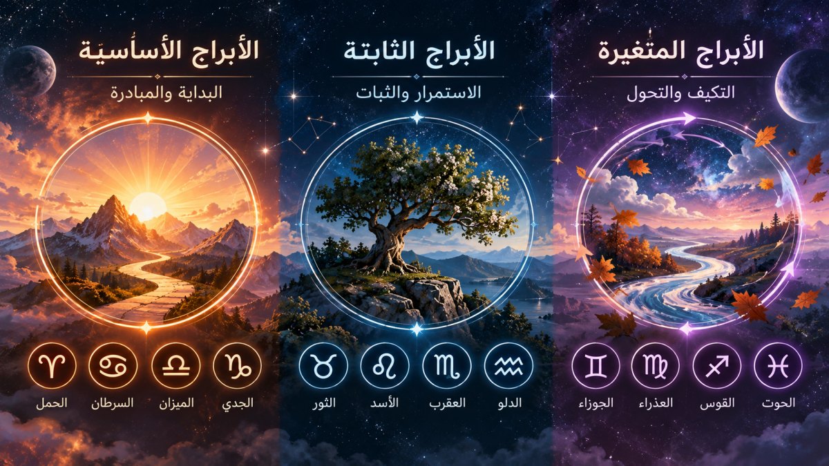 الأبراج الأساسية والثابتة والمتغيرة مع رموز الأبراج الاثني عشر وتقسيمها حسب أنماط الأبراج الثلاثة